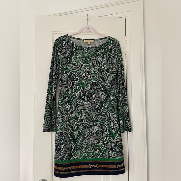 MICHAEL KORS Navy Green White Poly Blend Paisley Matt Jersey Shirt Dress - Picture 4 of 5